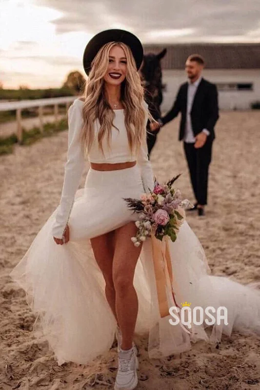 Stock Up and Save textured dressUnique Scoop Long Sleeves Two-Piece Bohemian Wedding Dress QW2423