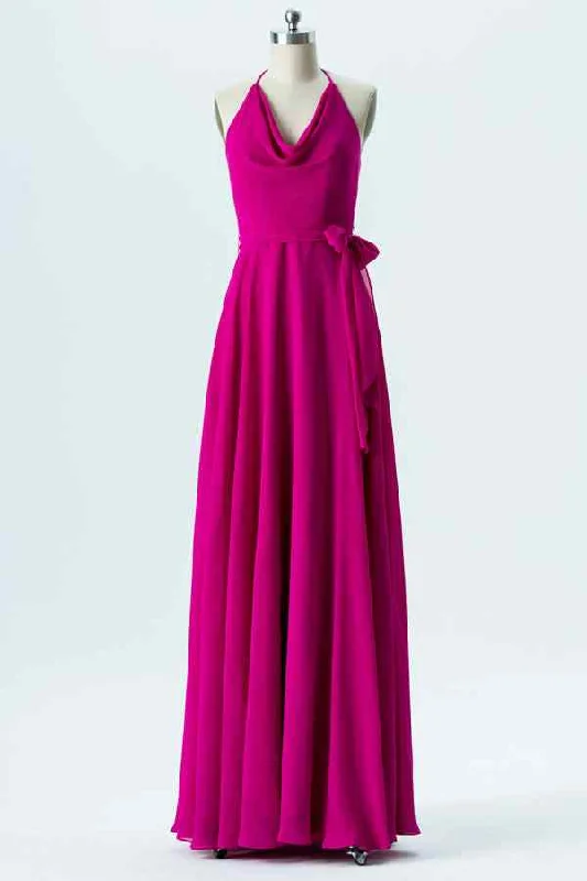 Take Advantage spaghetti strap dressFuchsia A-line Bow Tie Back Cowl Neck Chiffon Long Bridesmaid Dress