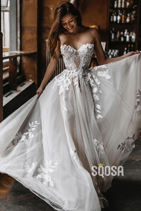 Hurry In denim dressA-line Sweetheart Tulle Appliques Bohemian Wedding Dress QW2706