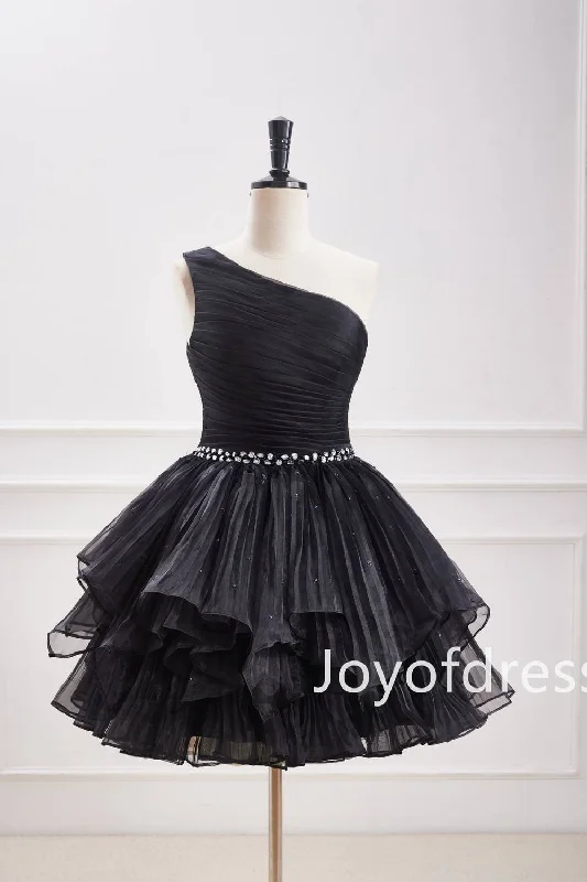 Early Access elegant maxi dressOne Shoulder Black Beaded Organza A-Line Ruffle Short Dress