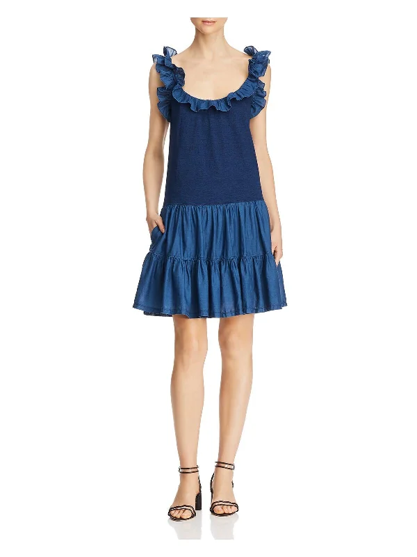 Limited Availability REBECCA TAYLOR Womens Blue Low Back Heather Spaghetti Strap Scoop Neck Above The Knee Party Trapeze Dress