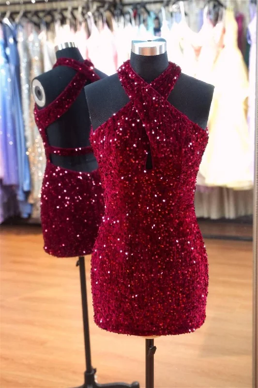 Inventory Reduction sleeveless dressRed Halter Sheath Sequins Homecoming Dress