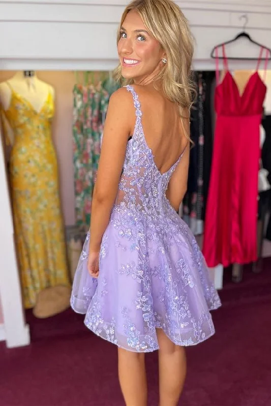 Final Sale floral wrap dressLilac A-line Appliques Deep V Neck Short Homecoming Dress