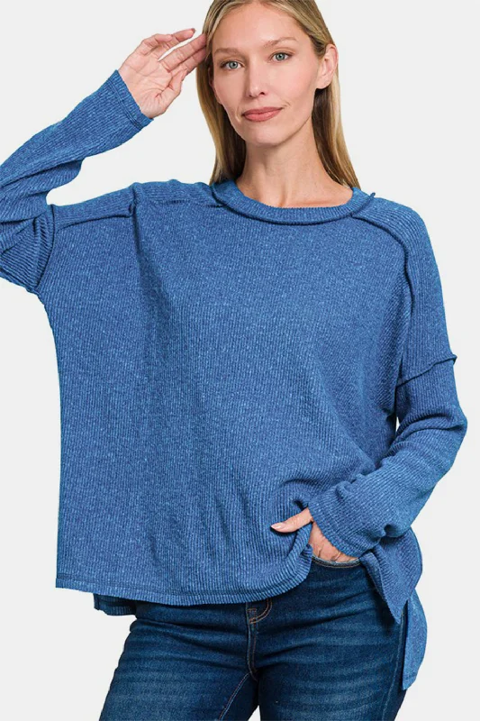 Sneak Peek Sale fashionable workout wearZenana Full Size Exposed Seam Brushed Round Neck Sweater Sneak Peek Sale fashionable workout wearZenana Full Size Exposed Seam Brushed Round Neck Sweater