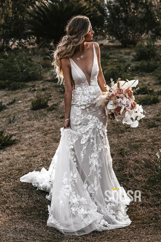 Online Only ruffle dressMermaid Wedding Dress Attractive V-neck Appliques Bohemian Wedding Dress QW2319