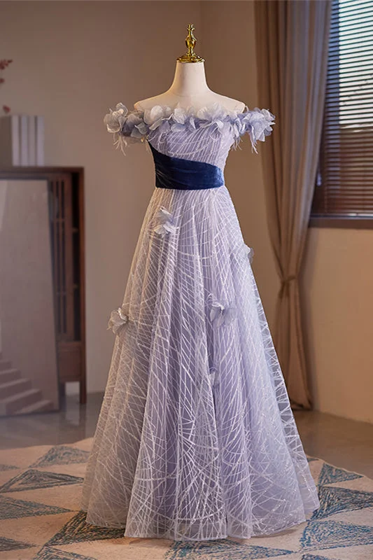 Early Access cocktail party dressLavender Off-the-Shoulder Flowers A-line Lace-Up Long Prom Dress