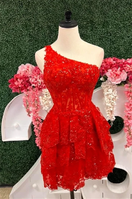 Buy More, Save More puff sleeve dressRed One Shoulder A-line Multi-Layers Sequined Appliques Homecoming Dress