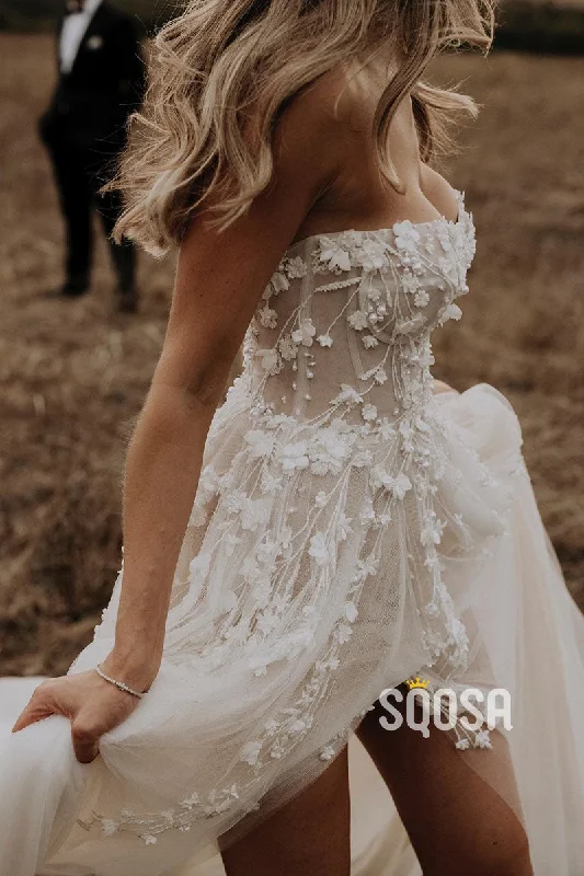 Special Price fitted bodycon dressIllusion Sweetheart Appliques Bohemian Wedding Dress with Slit QW2355