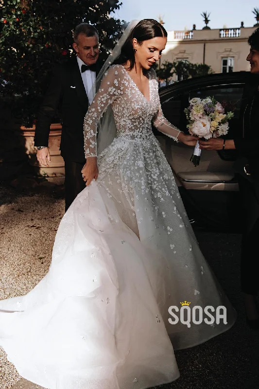 Super Bargain casual dressPlunging V-Neck Lace Appliques Long Sleeves Wedding Dress Bridal Gown QW0826