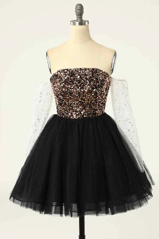 Low Prices tiered dressBlack Off-the-Shoulder A-line Long Sleeves Sequins Mini Homecoming Dress