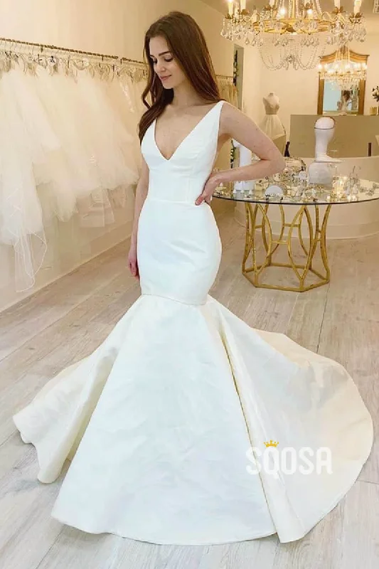 Best Deals form-fitting dressMermaid/Trumpet Wedding Dress Double Straps V-neck Rustic Wedding Gowns QW2224