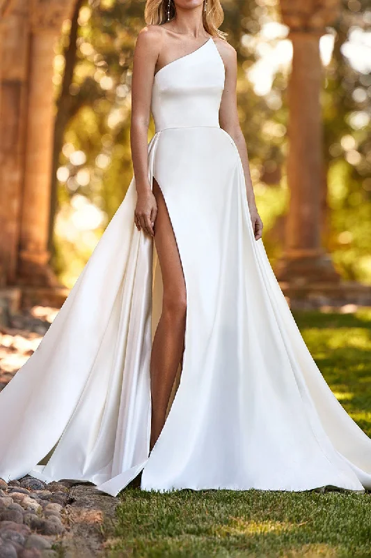 Clearance Items sophisticated dressA Line One Shoulder Side Slit Satin Wedding Dress QW2101
