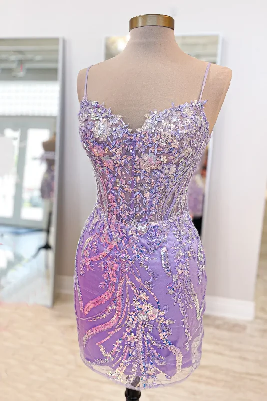 Buy Now layered dressStraps Lavender Sequin Appliques Tight Mini Homecoming Dress Y4007