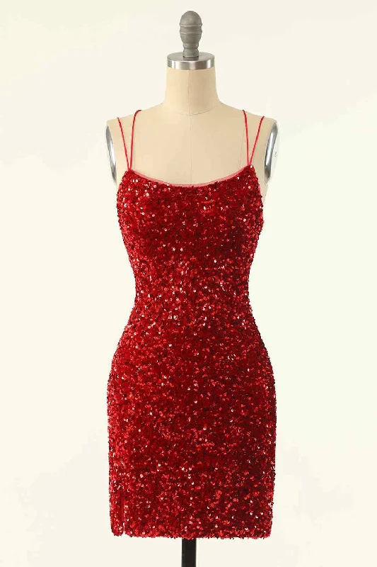 Early Access t-shirt dressRed Sheath Double Straps Lace-Up Back Sequins Mini Homecoming Dress