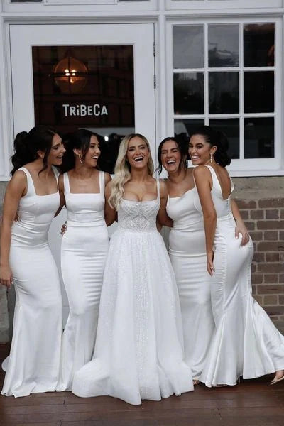 Big Discounts trendy mini dressModern Satin Trumpet Square Spaghetti Straps Bridesmaid Dress