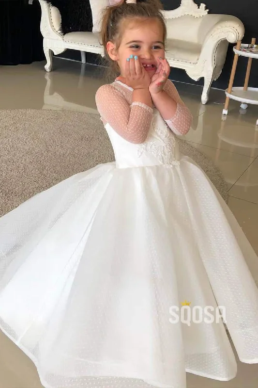 Price Slash long-sleeve floral dressBall Gown Illusion Long Sleeves Appliques Cute Flower Girl Dress QF0823