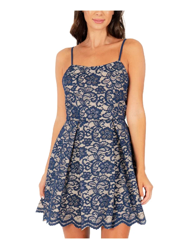 Buy Now SPEECHLESS Womens Navy Lace Spaghetti Strap Scoop Neck Mini Party Fit + Flare Dress