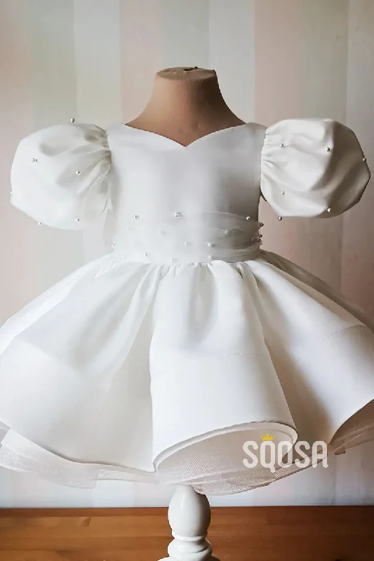 Extra Savings lace dressBall Gown Short Sleeves Pearls Cute Ivory Flower Girl Dress First Communion Dress QF1012