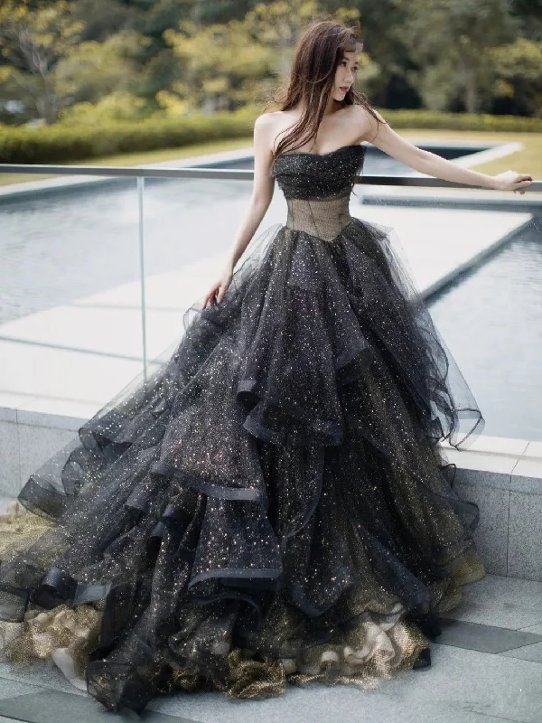 Price Reduction cocktail party dressBlack Sparkly Tulle Prom Dresses Strapless Ruffled Formal Gown  Y2703