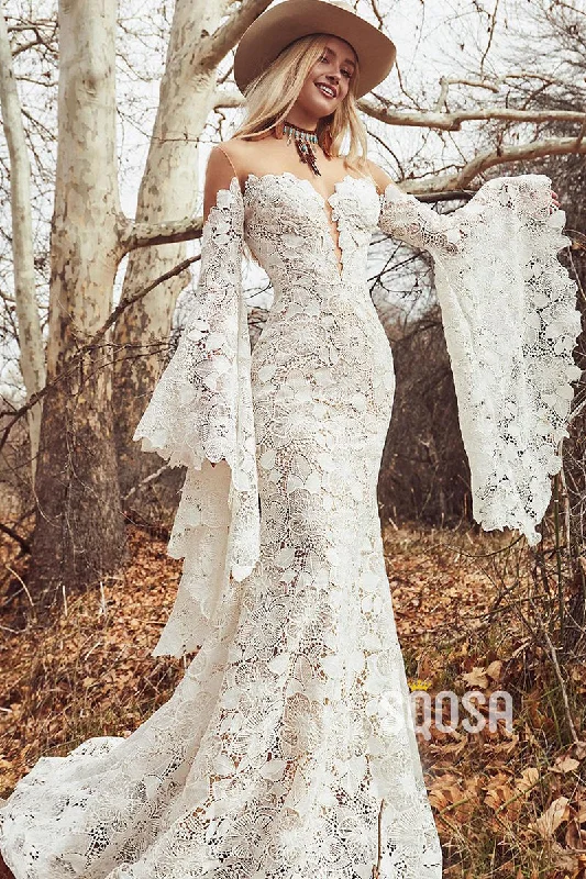 Limited Time Discount comfy maxi dressUnique Bat Sleeves Allover Lace Bohemian Wedding Dress QW2681