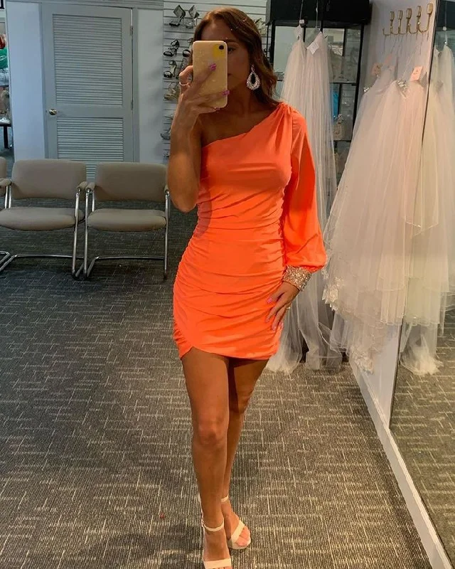 Midnight Madness summer floral dressOne Shoulder Orange Satin Tight Homecoming Dress with Beading Long Sleeves Y2905