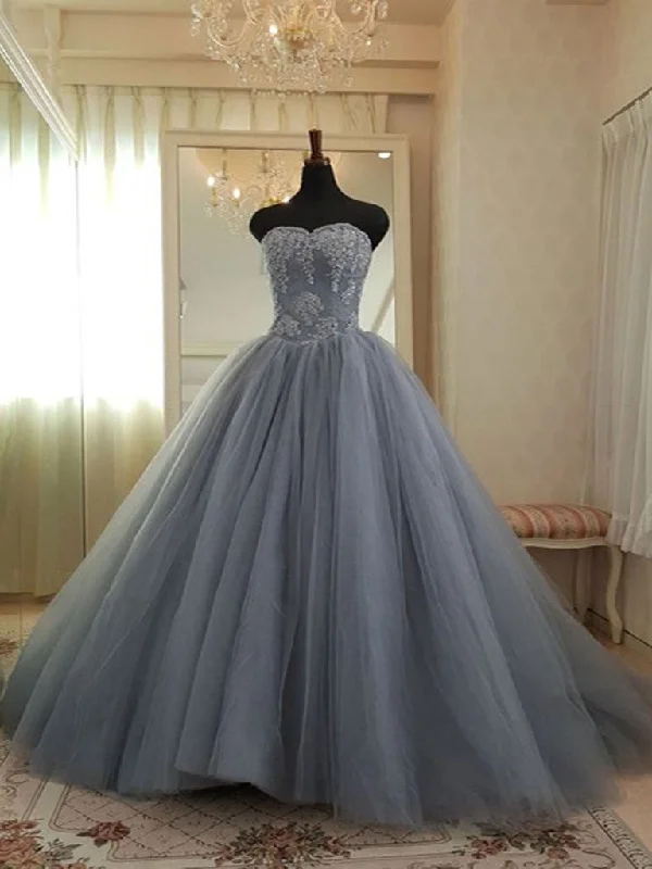 Overstock Ball Gown Prom Dresses Sweetheart Appliques Fashion Big Grey Prom Dress Chic Evening Dress JKL1521