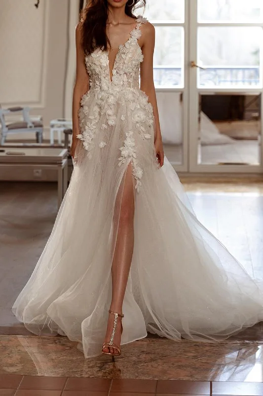 Today Only midi dressA Line Sexy V Neck 3D Appliques Rustic Wedding Dress with Slit QW2303