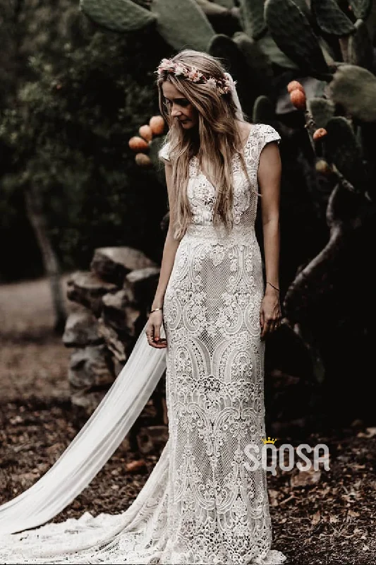 Savings Alert luxury dressExquisite Lace Cap Sleeves V-neck Sheath/Column Bohemain Wedding Dress QW0872 Savings Alert luxury dressExquisite Lace Cap Sleeves V-neck Sheath/Column Bohemain Wedding Dress QW0872