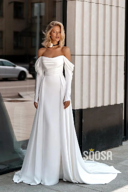 Exclusive Deal stylish party dressOff-Shoulder Long Sleeves Pleats Satin Wedding Dress Bridal Gown With Train QW8018 Exclusive Deal stylish party dressOff-Shoulder Long Sleeves Pleats Satin Wedding Dress Bridal Gown With Train QW8018