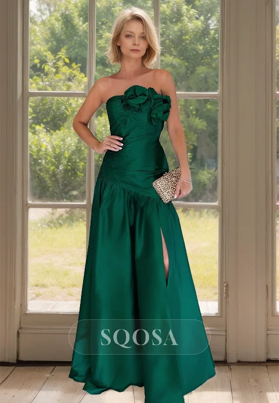 Overstock floral midi dressTube Top Sleeveless Pleated Cocktail Gowns Off-Shoulder Floral Embossed A-Line Mother of the Bride Dress
