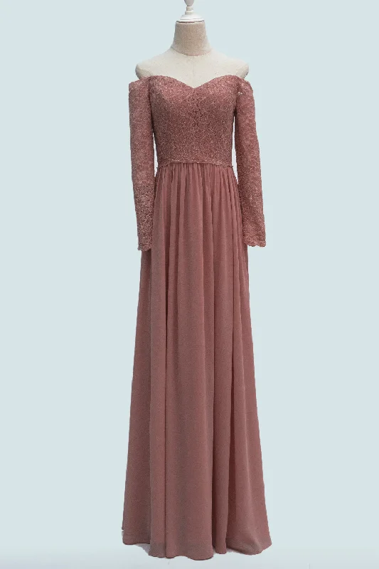 Fantastic Offers structured dressDesert Rose A-line Long Sleeves Off-Shoulder Lace Long Bridesmaid Dress