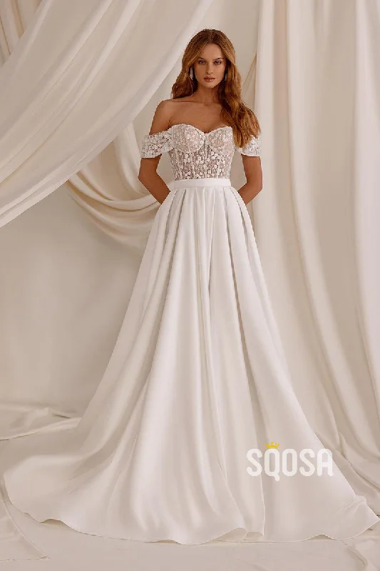 Today's Special boho dressIllusion A-Line Off-Shoulder Satin Wedding Dress Bridal Gowns With Train QW8060 Today's Special boho dressIllusion A-Line Off-Shoulder Satin Wedding Dress Bridal Gowns With Train QW8060