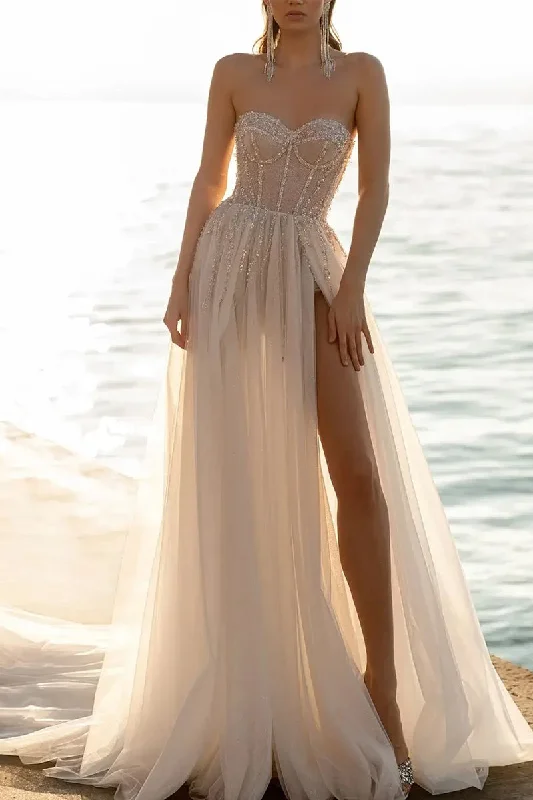 Fantastic Deals casual summer dressA Line Sweetheart Beads Tulle Bohemian Wedding Dress QW2190