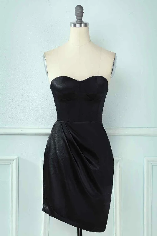 Stock Clearance comfy maxi dressBlack Sheath Strapless Sweetheart Pleated Leather Mini Homecoming Dress