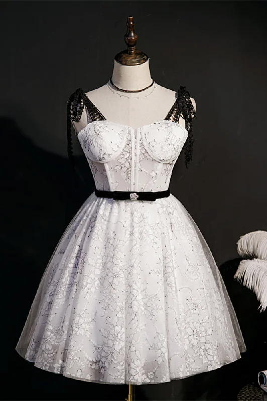 Lowest Price casual knit dressWhite Flower Print Bow Tie Shoulder Homecoming Dress with Sash