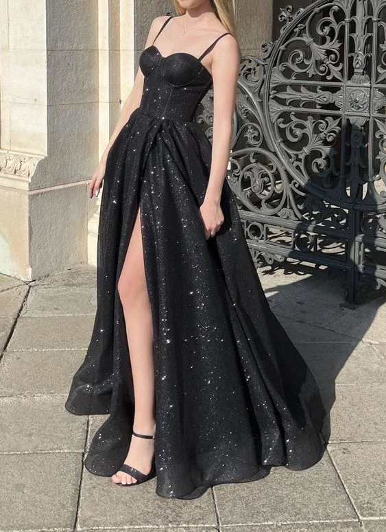 Customer Appreciation Sale evening dressChic Black Spaghetti Straps Long Prom Dress Graduation Dress  Y2894