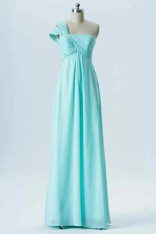 Steals and Deals trendy mini dressCaribbean A-line One Shoulder Pleated Chiffon Long Bridesmaid Dress