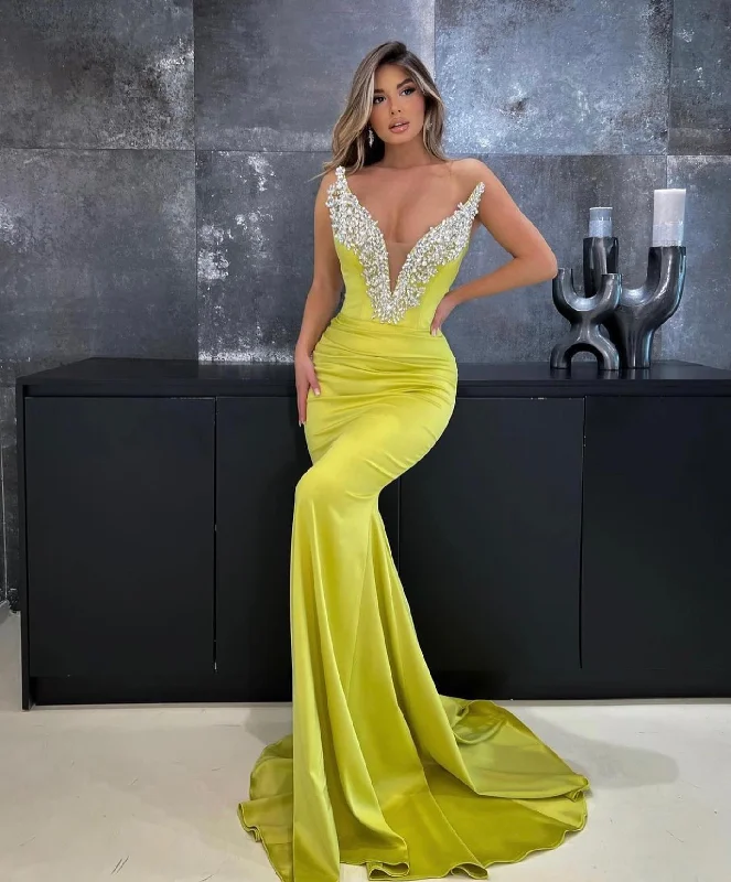 Savings Event stylish party dressChic V-Neck Strapless Beaded Sheath Mermaid Long Prom Evening Gowns QP3149