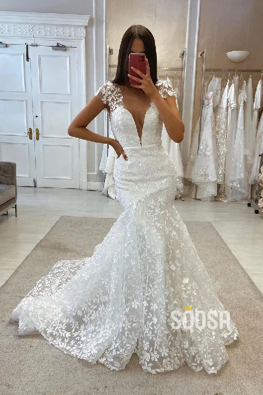 Online Only statement dressV-Neck Cap Sleeves Tulle Trumpet Lace Applique With Train Wedding Dress QW8112 Online Only statement dressV-Neck Cap Sleeves Tulle Trumpet Lace Applique With Train Wedding Dress QW8112