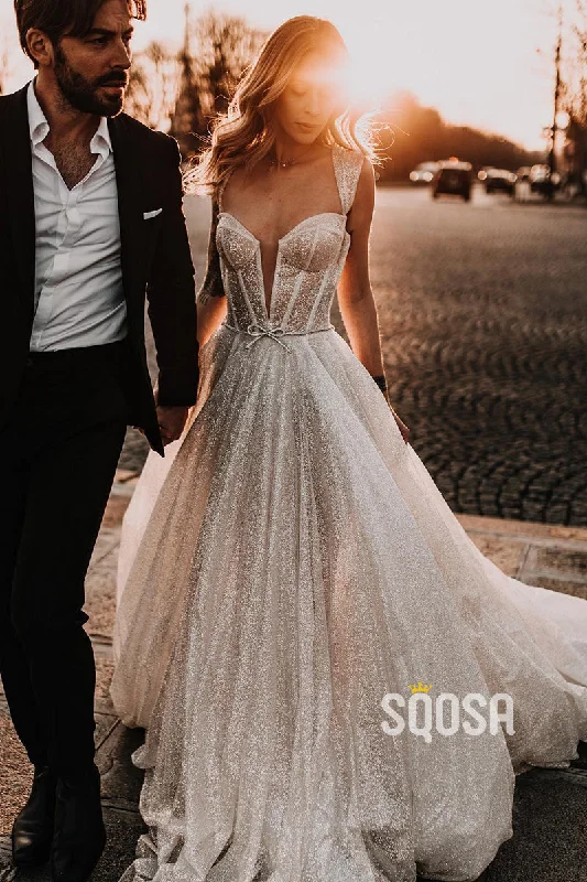 Instant Savings fitted dressPlunging V-Neck A-line Sparkly Bohemian Wedding Dress Bridal Gown QW2462
