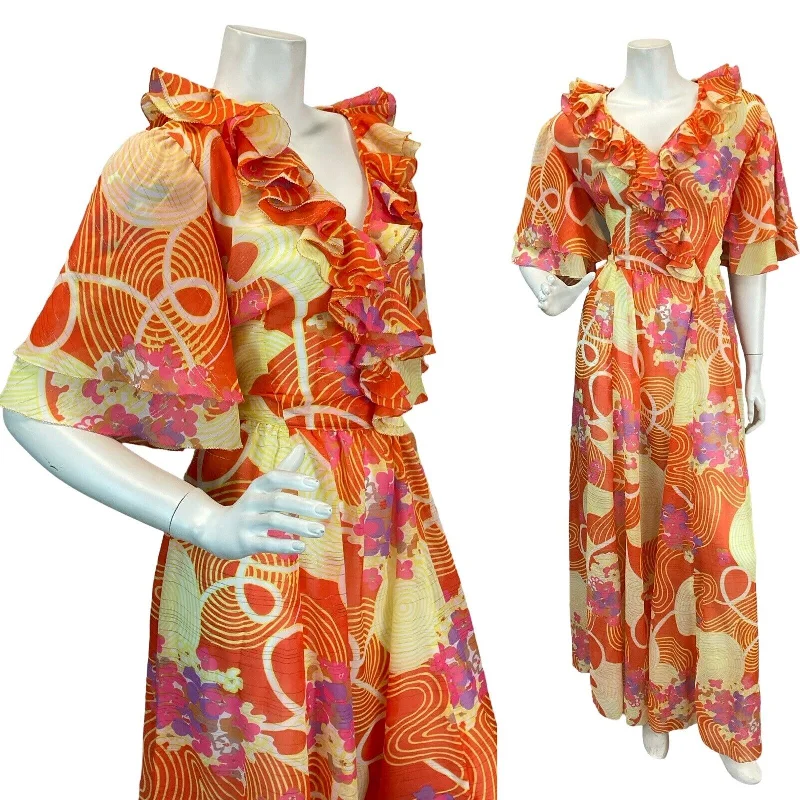 The Best Prices VTG 70s SEMI SHEER ORANGE TRIPPY FLORAL SHIMMER BUTTERFLY SLEEVE MAXI DRESS 8
