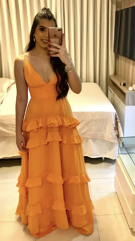 Incredible Offers one-shoulder dressElegant A-line Orange V Neck Long Prom Dress  Y2692