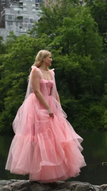 Online Only off-shoulder dressRomantic Light Pink A-line Tulle Prom Dress,Light Pink Princess Dress Y2681