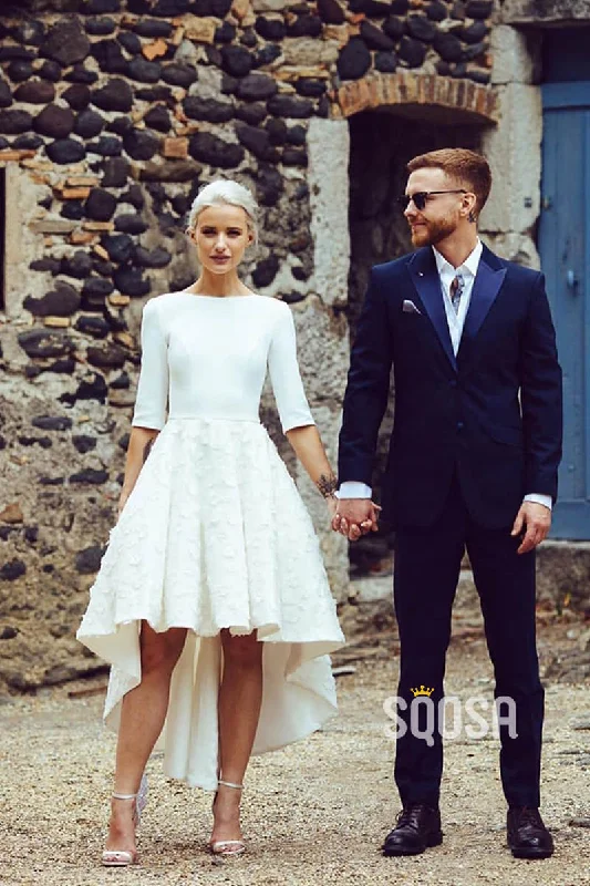 Overstock Sale knit dressA-line Bateau Neckline Half Sleeves High Low Wedding Dress QW2335