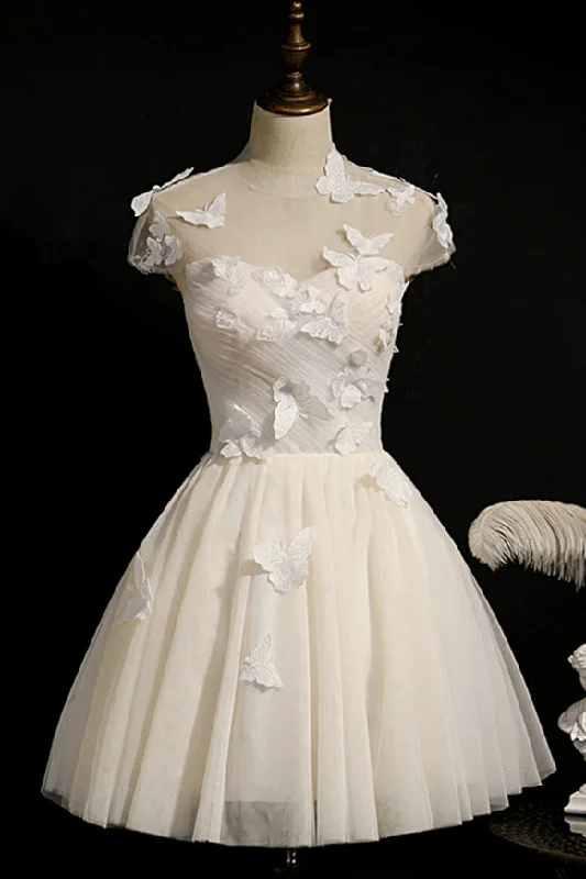 Mega Sale casual slip dressIvory Pleated Illusion Neck Butterflies Homecoming Dress