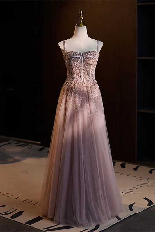 Low Prices t-shirt dressDusty Pink A-line Sequined Tulle Straps Long Prom Dress