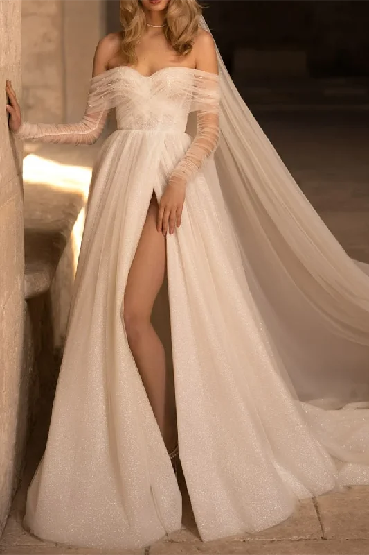 Bargain Prices winter dressA Line Sweetheart Long Sleeves Rustic Wedding Dress with Court Train QW2130