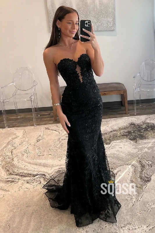 Overstock elegant evening dressMermaid Strapless Applique Black Long Prom Dress Evening Gowns QP3183