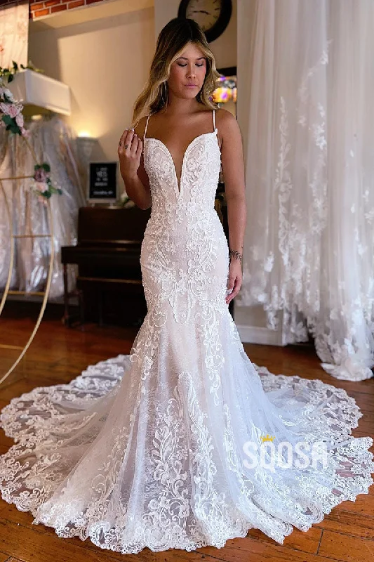 Hurry In party dressAttractive V-Neck Illusion Lace Appliques Mermaid Wedding Dress QW2395