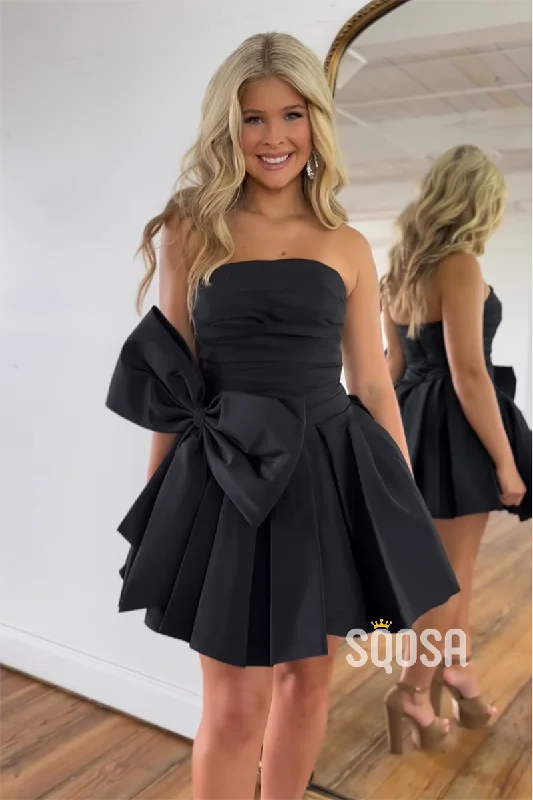 Sneak Peek Sale trendy mini dressA-Line Strapless Satin Bowknot Black Short Homecoming Dress Cheap QH2415 Sneak Peek Sale trendy mini dressA-Line Strapless Satin Bowknot Black Short Homecoming Dress Cheap QH2415